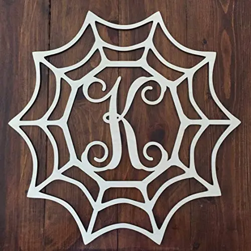 Unfinished Wood Spiderweb Monogram Hanger - Halloween Door Hanger - Spiderweb Initial Wreath - Fall Wall Hanger - Spider Web Wreath