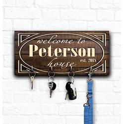 Personalized Key Holders for Wall, Custom Key Hangers Wooden Decorative, Welcome to Our House Sign, Wedding Anniversary Family Gift