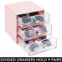 mDesign Stackable Plastic Eye Glass Storage Organizer Boxes Holder for Sunglasses, Reading Glasses, Accessories - 3 Divided Drawers, Chrome Pulls, 2 Pack - Light Pink/Clear