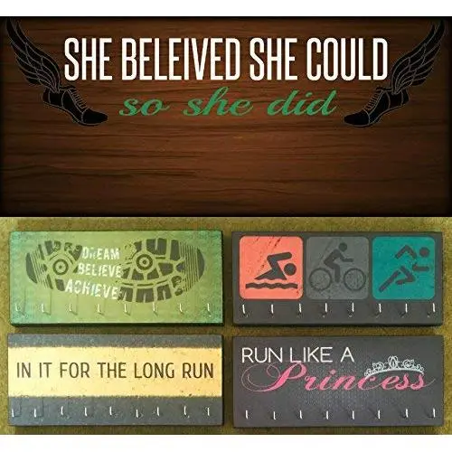 Race Medal Holder/Athletic Medal Hanger - SHE BELIEVED SHE COULD SO SHE DID - Winged Shoes. Wood Wall Mounted Medal Organizer. CUSTOMIZATION Available