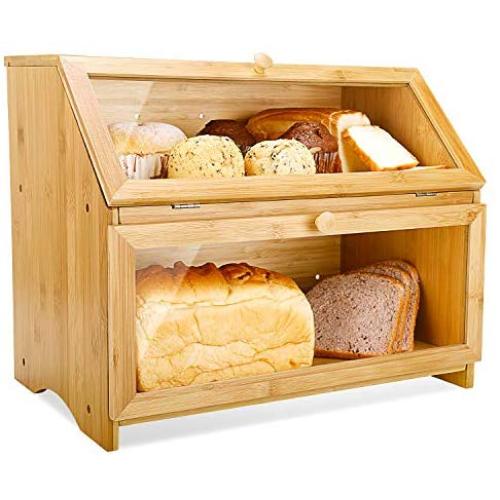Double Layer Bread Boxes for Kitchen Large Bamboo Capacity Food Storage