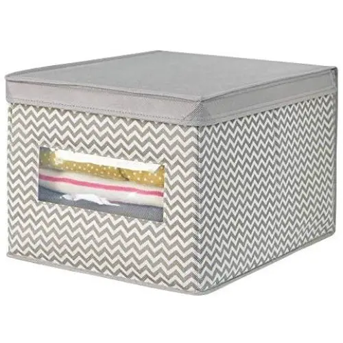 mDesign Soft Fabric Stackable Closet Storage Organizer Holder Boxes with Clear Window, Attached Hinged Lid - Bedroom, Hallway, Entryway, Closet, Bathroom - Chevron Zig-Zag Print, Large - Taupe/Natural