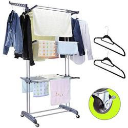 MIZGI 3 Tier Rolling Clothes Drying Rack Clothes Garment Rack Laundry Rack with Foldable Wings Shape Indoor/Outdoor Standing Rack Stainless Steel Hanging Rods - Gray & Electroplate (Gray)