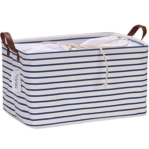 Hinwo 31L Large Capacity Storage Basket Canvas Fabric Storage Bin Collapsible Storage Boxes with PU Leather Handles and Drawstring Closure, 16.5 by 11.8 inches, Navy Blue Stripe