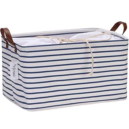Hinwo 31L Large Capacity Storage Basket Canvas Fabric Storage Bin Collapsible Storage Boxes with PU Leather Handles and Drawstring Closure, 16.5 by 11.8 inches, Navy Blue Stripe Hinwo 31L Large Capacity Storage Basket Canvas Fabric Storage Bin Collapsible Storage Boxes with PU Leather Handles and Drawstring Closure, 16.5 by 11.8 inches, Navy Blue Stripe