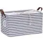 Hinwo 31L Large Capacity Storage Basket Canvas Fabric Storage Bin Collapsible Storage Boxes with PU Leather Handles and Drawstring Closure, 16.5 by 11.8 inches, Navy Blue Stripe Hinwo 31L Large Capacity Storage Basket Canvas Fabric Storage Bin Collapsible Storage Boxes with PU Leather Handles and Drawstring Closure, 16.5 by 11.8 inches, Navy Blue Stripe