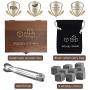 Whiskey Stones Gift Set - 9 Natural Unique Granite Chilling Whiskey Rocks - Velvet Storage Pouch and Stainless steel Tong in Wooden Gift Box