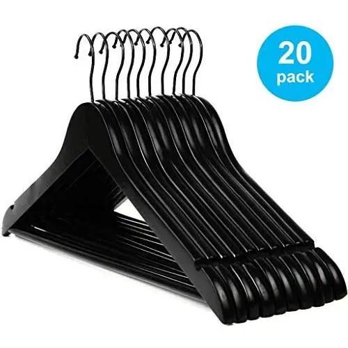 KWEE Hangers Wood 20 Pack, Non Slip Pants Bar -Smooth Finish Solid Wood Coat Hanger with 360° Swivel Hook and Precisely Cut Notches for Camisole, Jacket,Pant, Dress Clothes Hangers - Black