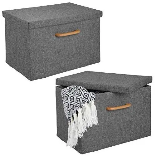 mDesign Soft Textured Fabric Stackable Home Storage Organizer Boxes with Wood Handle and Lid Cover for Closet, Bedroom, Hallway, Entryway, Closets to Hold Clothing, Accessories, 2 Pack - Charcoal Gray