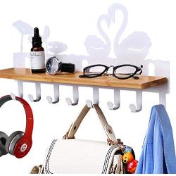 GRECLE Coat and Hat Rack Wall Mounted or Easy-to-Apply 3M Mounting Tape, Home Hook, Garment Rack, Clothes Hanger Holder, Coat Hook Rail with Bamboo Shelf, Wood Organizer Storage ? 8 or 6 Metal Hooks