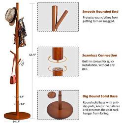 WALTSOM Coat Racks Free Standing, Wooden Coat Hat Tree with 8 Hooks and Solid Round Base, Hallway Entryway Coat Hanger Hook Stand for Clothes, Scarves, Handbags, NO Tools Required (Caramel)