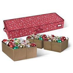 Covermates Keepsakes - 56PC Adjustable Underbed Ornament Storage Bag - Holds 6 Inch Ornaments - Heavy Duty Material - FlexGrid Adjustable Compartments - ID Window - Holiday Storage - Red Snowflake