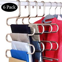 ZHANGJLV 6 Pack Pants Hangers S-Shape Stainless Steel Clothes Hangers Space Saving Hangers Closet Organizer for Pants Jeans Scarf(5 Layers,6Pcs) 6-Pieces