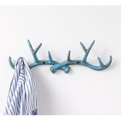 Vintage Cast Deer Antlers Wall Hooks (10 Hooks) Coat Rack Decorative for Hanging Hat Scarf Bag Key Clothes Bathroom Kitchen Towel Holder Christmas Reindeer Deer Hanger Wall Wedding Gift (Blue)