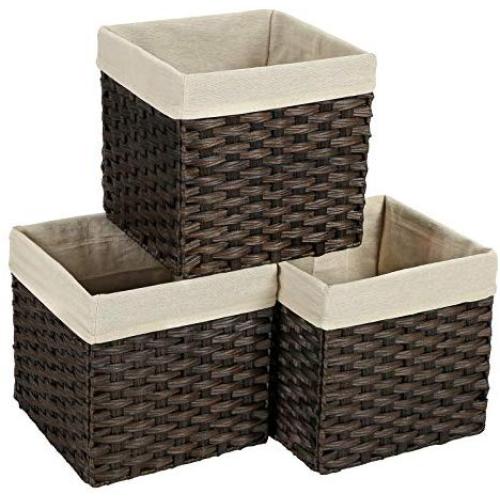 SONGMICS Set of 3 Rattan-Style Storage Baskets Bins, Storage Cubes, Indoor Collapsible Toy Organizer, 27L Decorative Bins with Metal Frame and Handles, Bedroom Closet Laundry Room, Brown URRB130BR