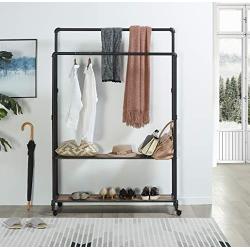 Homissue 72 Inch Industrial Pipe Double Rail Hall Tree with Shoe Storage on Wheel, 2 Shelf Rolling Clothes Rack Organizer with 2 Hanging Rod for Garment Storage Display, Vintage Brown