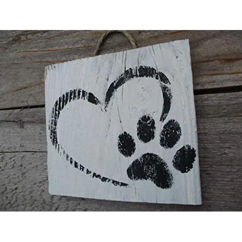 Vintage look HEART PAW PRINT LOVE dog weathered wood sign with burlap hanger antique style old time font