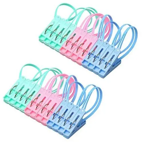 lasenersm 24 Pieces Clothes Peg Clip Pins with Rope Clothes Hanger Clips Clothes Pegs Windproof Hanger Plastic Clips for Sock and Clothes, Color Random