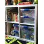 Homz Plastic Storage, Modular Stackable Storage Bins with Blue Latching Handles, 15.5 Quart, Clear, 4-Pack