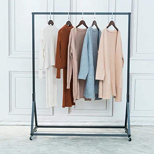 FURVOKIA Modern Simple Heavy Duty Metal Rolling Garment Rack with Wheel,Retail Display Clothing Rack,Wrought Iron Single Rod Floor-Standing Hangers Clothes Shelves (Black Square Tube, 47.2 L)