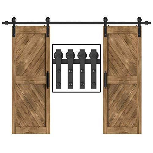 WINSOON 5-18FT Sliding Barn Wood Door Hardware Cabinet Closet Kit Antique Style for Double Doors Black Surface (7.5FT /90" 2 Doors Track Kit)