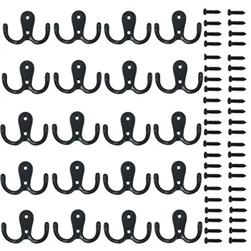 20 Pieces Double Prong Robe Hook Rustic Hooks Retro Cloth Hanger Coat Hanger Wall Mounted Hook with 44 Pieces Screws (Black color)