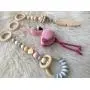 Pink and gray baby gym mobiles.Set of 3: Flamingo, feather, ring. Wooden play gym hangers. Crochet rattle. Baby shower gift. Sensory development.