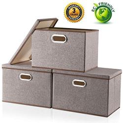 Large Storage Boxes with Lid [3-Pack] Linen Fabric Decorative Storage Boxes Bin Organizer Containers Collapsible Basket Cube with Handles Divider for Bedroom Closet Office Living Room (17.7x11.8x11.8)