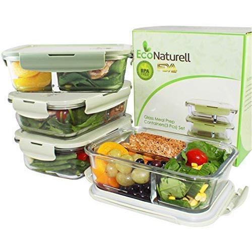 3 & 2 Compartments Glass Meal Prep Containers (3-Pack) | Airtight Glass Food Storage Containers with Lids | BPA-FREE Leakproof Bento Boxes Glass Lunch Boxes Compartments | Freezer, Oven, Microwave Safe