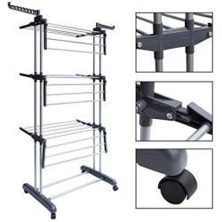 Homgrace 3-Tier Foldable Rolling Clothes Drying Rack with Commercial Grade Wheels Stainless Steel Dryer Garment Hanger Stand Indoor Outdoor (Grey)