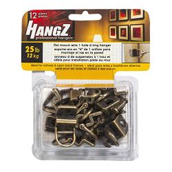 HangZ 11005 Flat Mount Wire 1-Hole D-Ring Picture Hanger Value Pack, 25lb, 12-Piece, Antique Brass