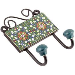 Indianshelf Handmade 1 Artistic Vintage Green Ceramic Flower Clothes Hooks Hangers/Key Hooks for Purse