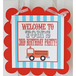 Firetruck Fireman Birthday Door Sign Hanger - Red/Light Blue Stripe - Party Pack Specials - Matching Items Available - Favor Tags, Banners, Cupcake Toppers etc.