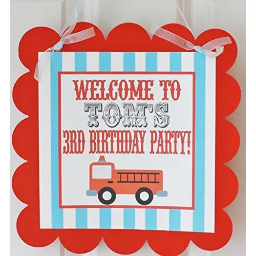 Firetruck Fireman Birthday Door Sign Hanger - Red/Light Blue Stripe - Party Pack Specials - Matching Items Available - Favor Tags, Banners, Cupcake Toppers etc.