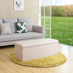 SONGMICS 43 Inches Faux Leather Folding Storage Ottoman Bench, Storage Chest Footrest Padded Seat, Beige ULSF70M