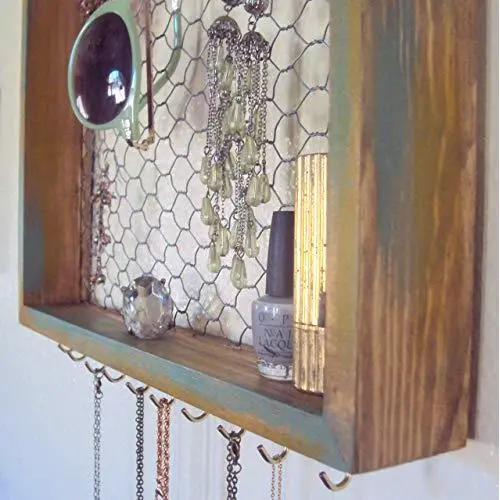 Chicken Wire Frame Jewelry Organizer - Wall Photo & Memo Hanger - Shabby Bohemian Display Board - Wood Boho Picture Holder Dorm Decor