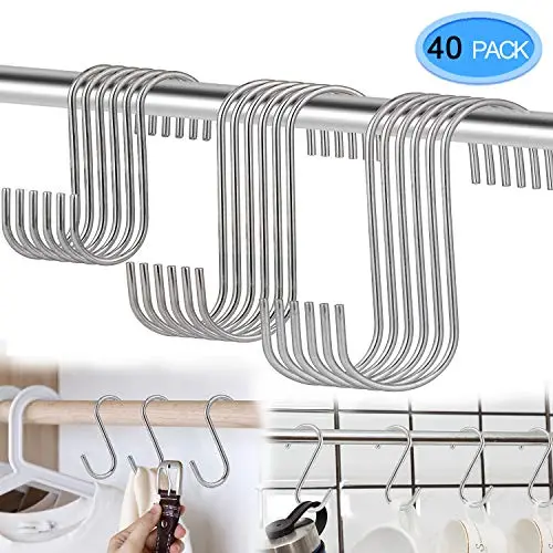 EAONE 40 Pack S Shaped Hooks 3 Sizes, Heavy Duty Stainless Steel S Hooks Rack Hangers for Hanging Kitchenware Pan Pots Utensils Clothes Bags Towels Plants, Silver EAONE 40 Pack S Shaped Hooks 3 Sizes, Heavy Duty Stainless Steel S Hooks Rack Hangers for Hanging Kitchenware Pan Pots Utensils Clothes Bags Towels Plants, Silver