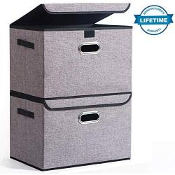 Seckon Collapsible Storage Boxes Container Bins with Lids Covers[2Pack] Large Odorless Linen Fabric Storage Organizers Cube with Metal Handles for Office, Bedroom, Closet, Toys