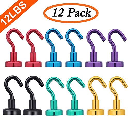 Youngneer 12pcs Magnetic Hooks Heavy Duty 12LB Colored Small Neodymium Rare Earth Magnets Hangers for Refrigerator Kitchen Indoor Outdoor