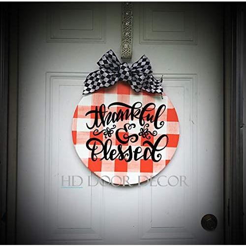 Round Farmhouse plaid fall wreath thankful and blessed door hanger Round Farmhouse plaid fall wreath thankful and blessed door hanger