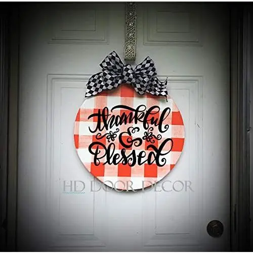 Round Farmhouse plaid fall wreath thankful and blessed door hanger