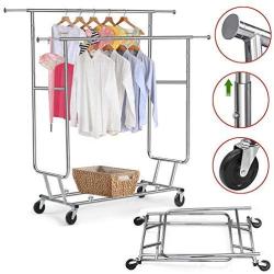 Cypressshop Heavy Duty Double Rail Bar Adjustable Rolling Cloth Garment Rack Hanger Steel Durable Trolley Clothing Hanging Rack Collapsible Clothes Dryer Indoor Outdoor Home Furniture