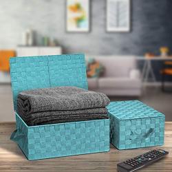 Sorbus Storage Boxes Woven Basket Bin Container Tote Cube Organizer Set Stackable Storage Basket Woven Strap Shelf Organizer Built-in Carry Handles (Woven Lid Baskets - Aqua)