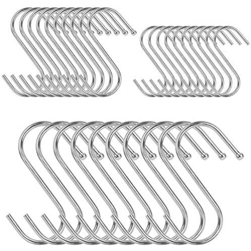 GOLDENLIGHT 30pcs S Hooks 3 Sizes Large Medium Small Sizes, Stainless Steel S Hooks for Hanging Heavy Duty Hanging Hooks Sliver