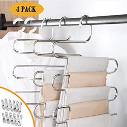 IDEALCRAFT Pants Hangers Scarf Hanger 5 Layers Space Saving Stainless Steel Clothes Organizer with 10 Clips, S Shape(4 Pack)