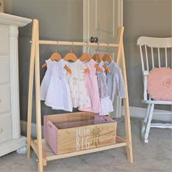 Clothing Rack, Nursery Decor, Dress Up Station, Kids Clothing Storage, FOLDS UP, 40x26 in Tall Wooden Clothes Rack with Canvas Storage Shelf