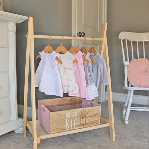 Clothing Rack, Nursery Decor, Dress Up Station, Kids Clothing Storage, FOLDS UP, 40x26 in Tall Wooden Clothes Rack with Canvas Storage Shelf