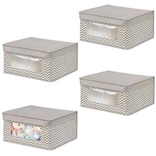 mDesign Soft Stackable Fabric Closet Storage Organizer Holder Boxes - Clear Window, Attached Lid, for Child/Kids Room, Nursery - Chevron Zig-Zag Print - Small, 4 Pack - Taupe/Natural