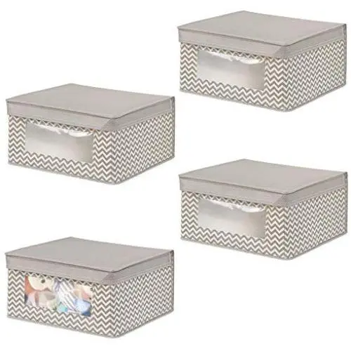 mDesign Soft Stackable Fabric Closet Storage Organizer Holder Boxes - Clear Window, Attached Lid, for Child/Kids Room, Nursery - Chevron Zig-Zag Print - Small, 4 Pack - Taupe/Natural mDesign Soft Stackable Fabric Closet Storage Organizer Holder Boxes - Clear Window, Attached Lid, for Child/Kids Room, Nursery - Chevron Zig-Zag Print - Small, 4 Pack - Taupe/Natural