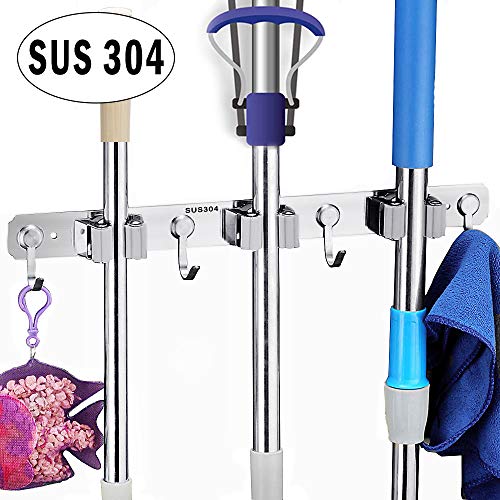 Shackcom Mop Broom Holder Wall Mount, SUS304 Stainless Steel with 3 Clips and 4 Hooks Cleaning Tools Hangers, Utility Rack for Kitchen, Closet, Garden Tool Organizer Storage Shackcom Mop Broom Holder Wall Mount, SUS304 Stainless Steel with 3 Clips and 4 Hooks Cleaning Tools Hangers, Utility Rack for Kitchen, Closet, Garden Tool Organizer Storage